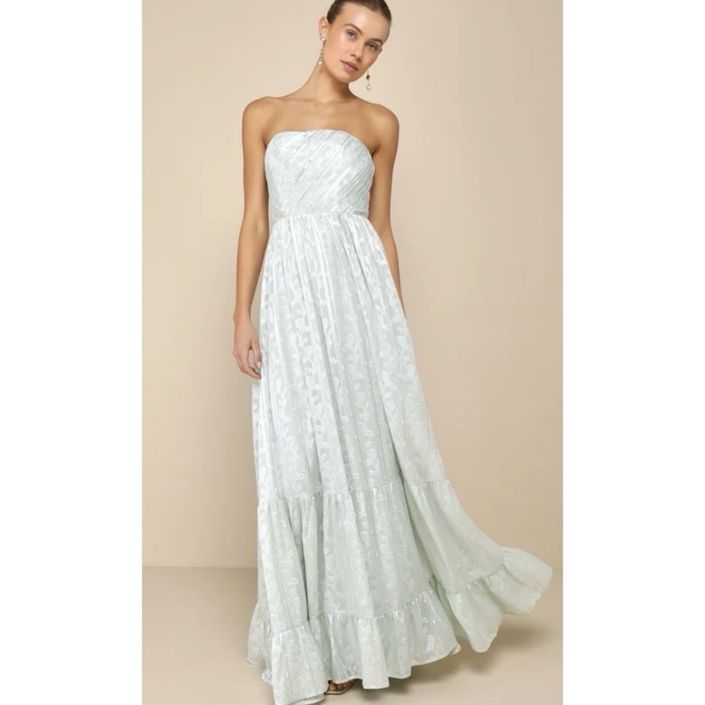 Lulus Adorably Elegant Sage Jacquard Floral Strapless Maxi Dress ‎ NWT Small